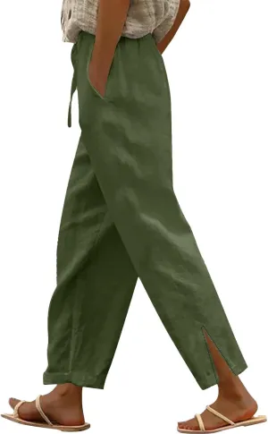 Womens Linen Pants with Pockets Loose Elastic High Waisted Comfy Lounge Pant Straight Leg Split Beach Long Trousers