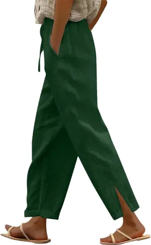 Womens Linen Pants with Pockets Loose Elastic High Waisted Comfy Lounge Pant Straight Leg Split Beach Long Trousers