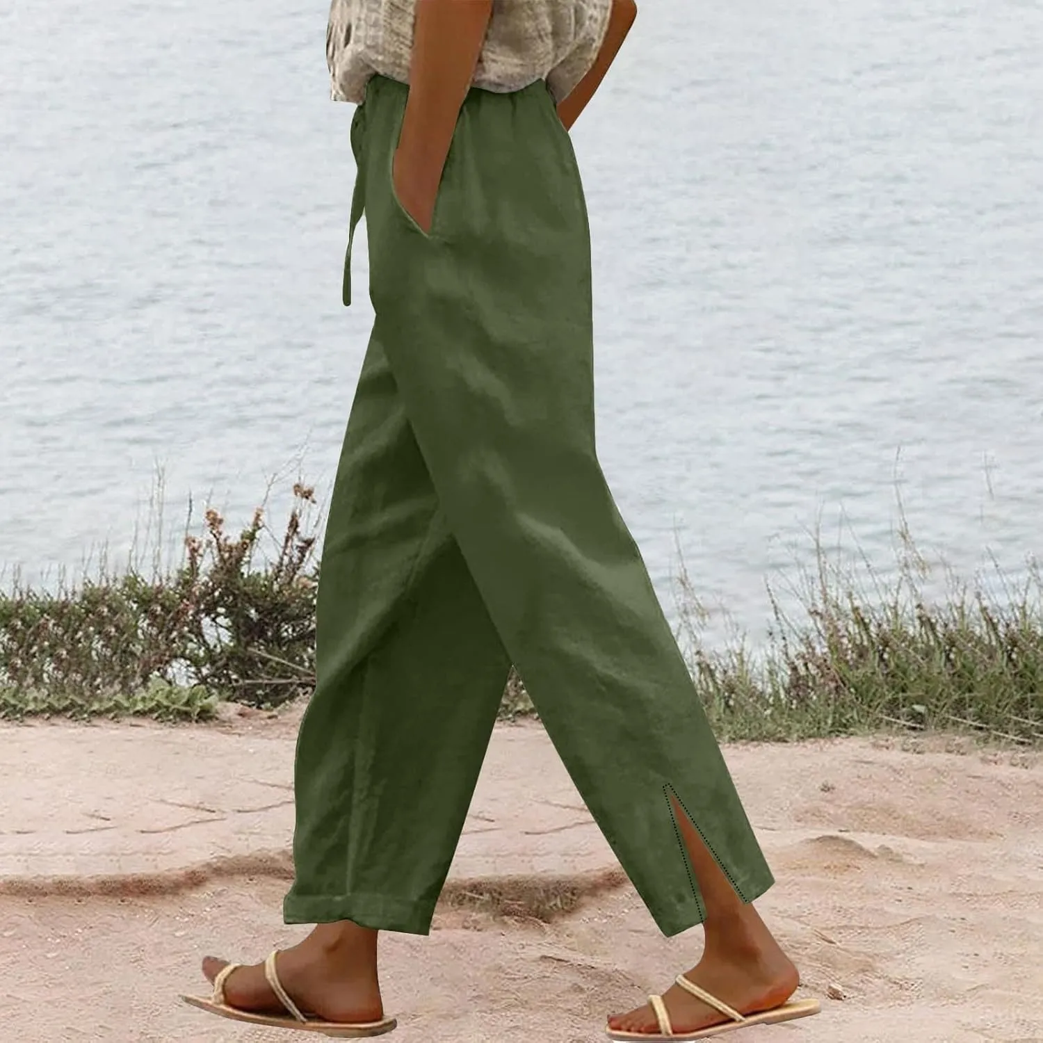 Womens Linen Pants with Pockets Loose Elastic High Waisted Comfy Lounge Pant Straight Leg Split Beach Long Trousers