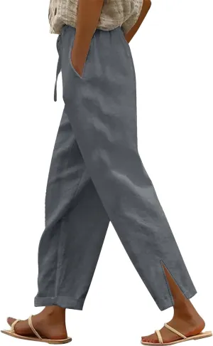 Womens Linen Pants with Pockets Loose Elastic High Waisted Comfy Lounge Pant Straight Leg Split Beach Long Trousers