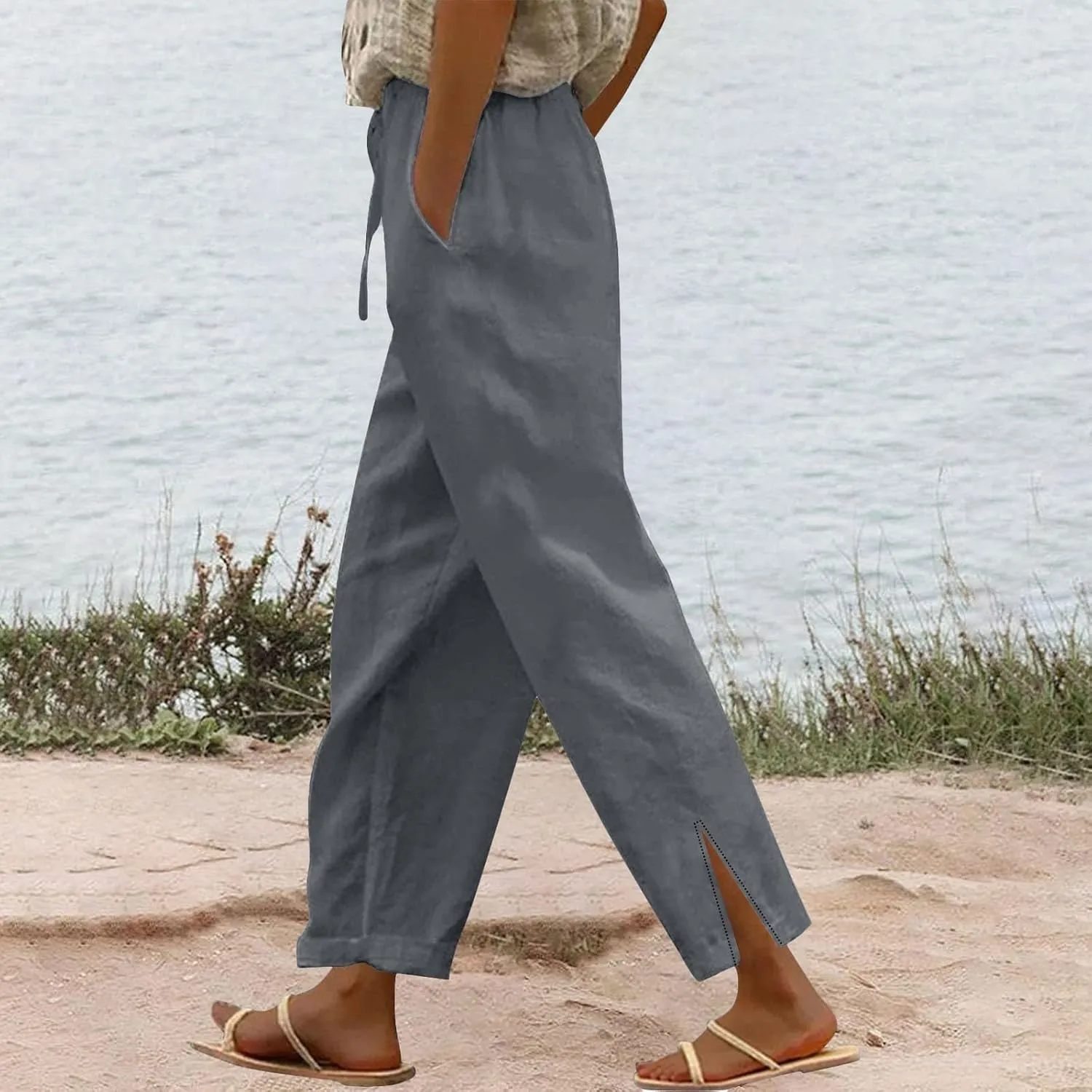 Womens Linen Pants with Pockets Loose Elastic High Waisted Comfy Lounge Pant Straight Leg Split Beach Long Trousers