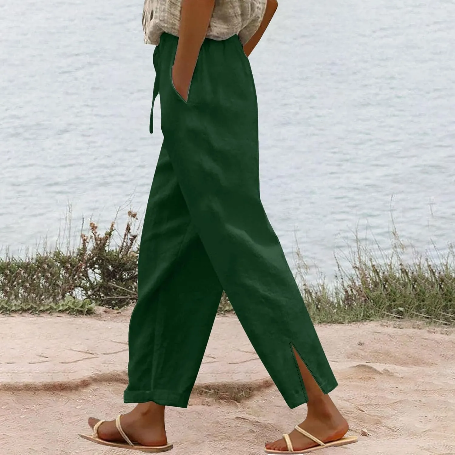 Womens Linen Pants with Pockets Loose Elastic High Waisted Comfy Lounge Pant Straight Leg Split Beach Long Trousers