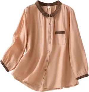 Women's Linen Shirt Button Down Long Sleeve Crew Neck Spring Blouses Long Sleeve Beach Summer Casual Tees with Pocket