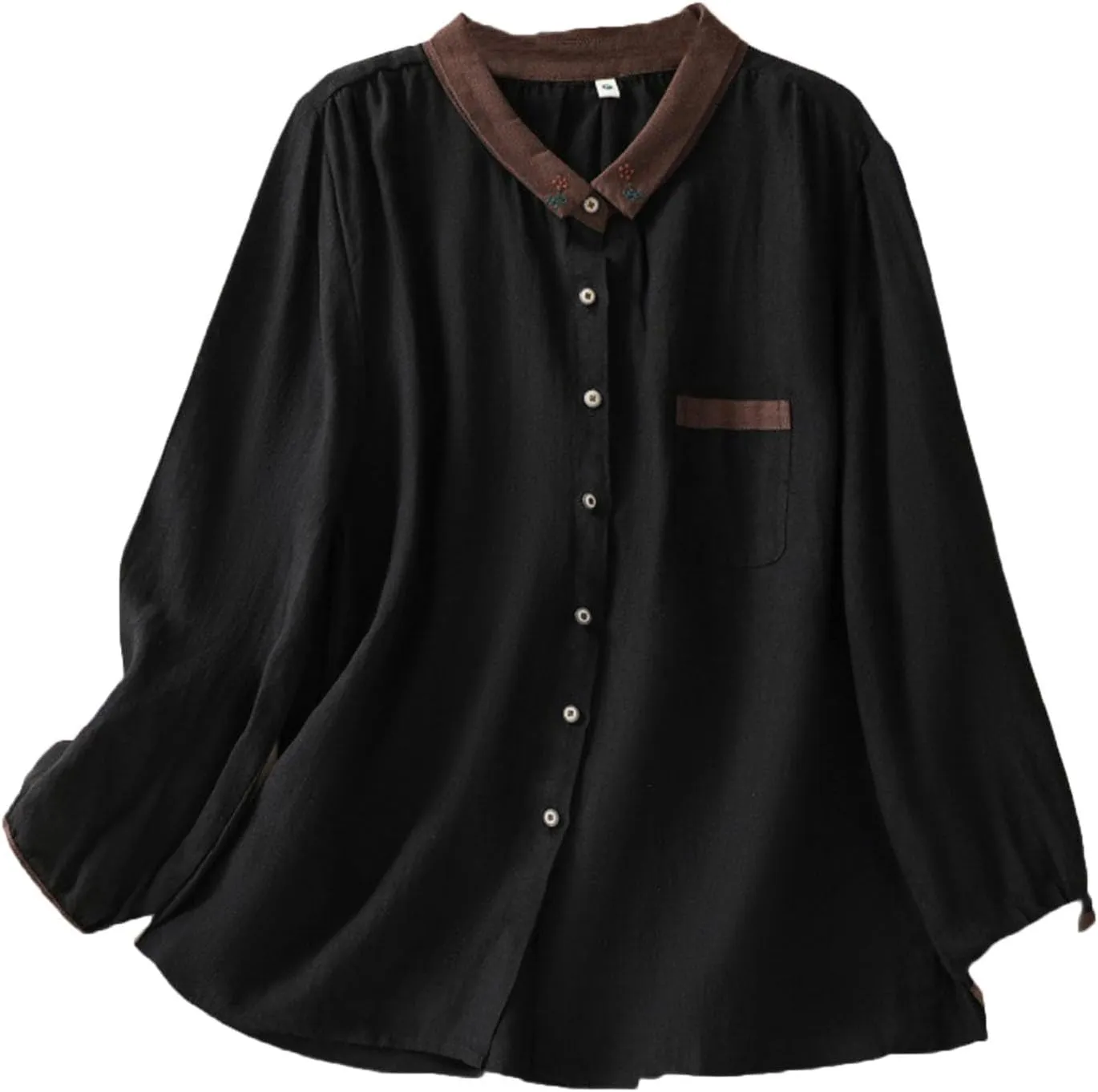 Women's Linen Shirt Button Down Long Sleeve Crew Neck Spring Blouses Long Sleeve Beach Summer Casual Tees with Pocket