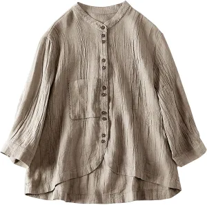 Women's Linen Shirt Button Down Long Sleeve Crew Neck Spring Blouses Long Sleeve Beach Summer Casual Tees with Pocket