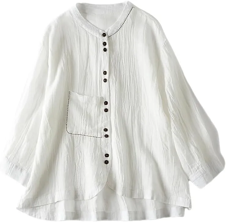 Women's Linen Shirt Button Down Long Sleeve Crew Neck Spring Blouses Long Sleeve Beach Summer Casual Tees with Pocket