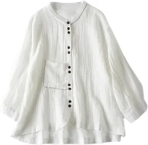 Women's Linen Shirt Button Down Long Sleeve Crew Neck Spring Blouses Long Sleeve Beach Summer Casual Tees with Pocket