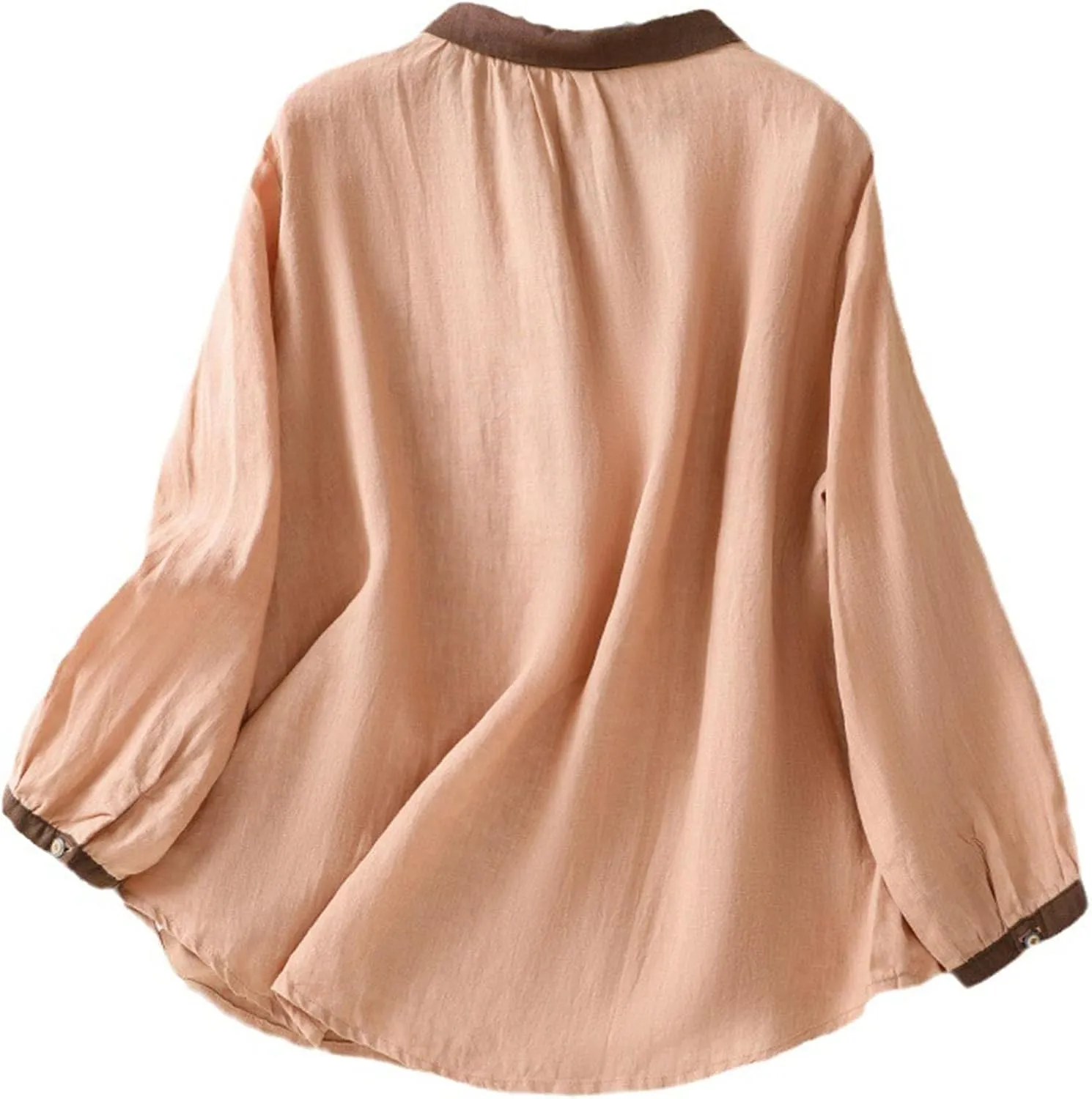 Women's Linen Shirt Button Down Long Sleeve Crew Neck Spring Blouses Long Sleeve Beach Summer Casual Tees with Pocket