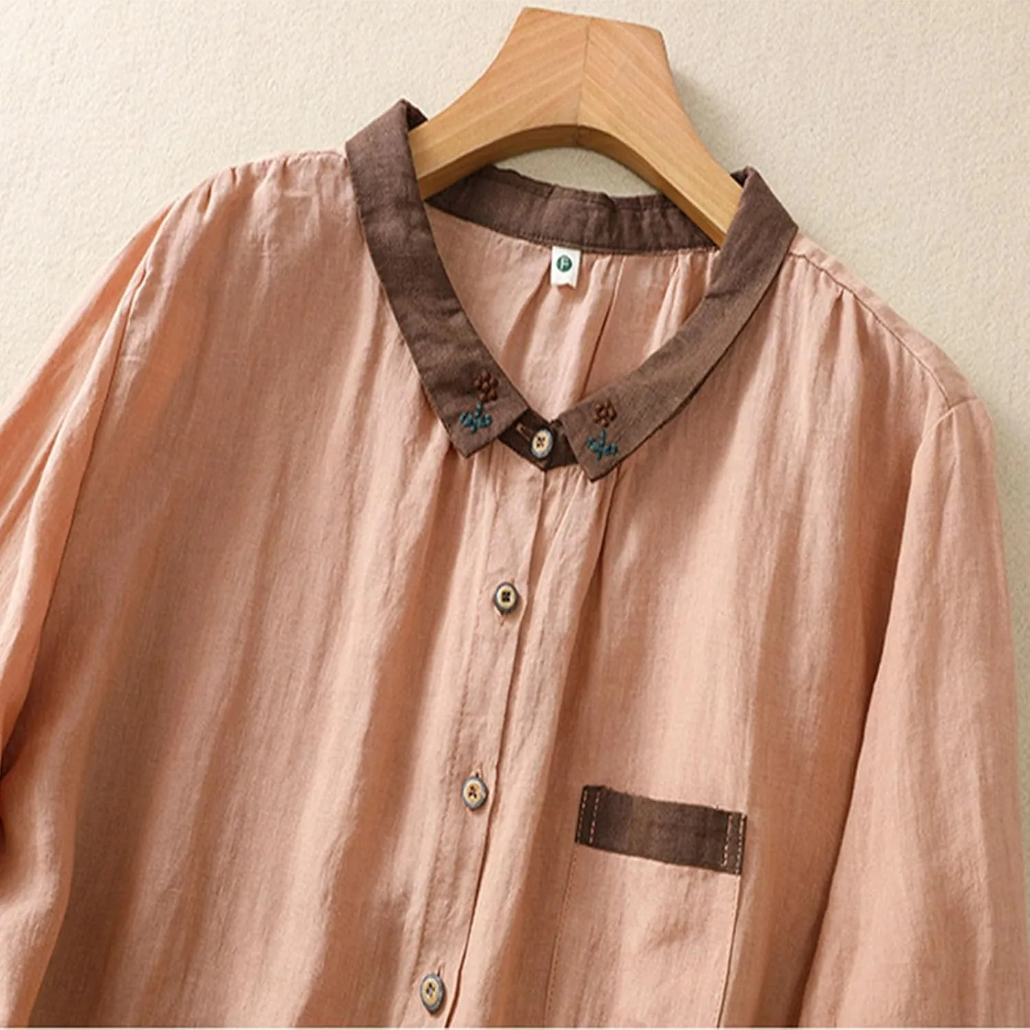 Women's Linen Shirt Button Down Long Sleeve Crew Neck Spring Blouses Long Sleeve Beach Summer Casual Tees with Pocket
