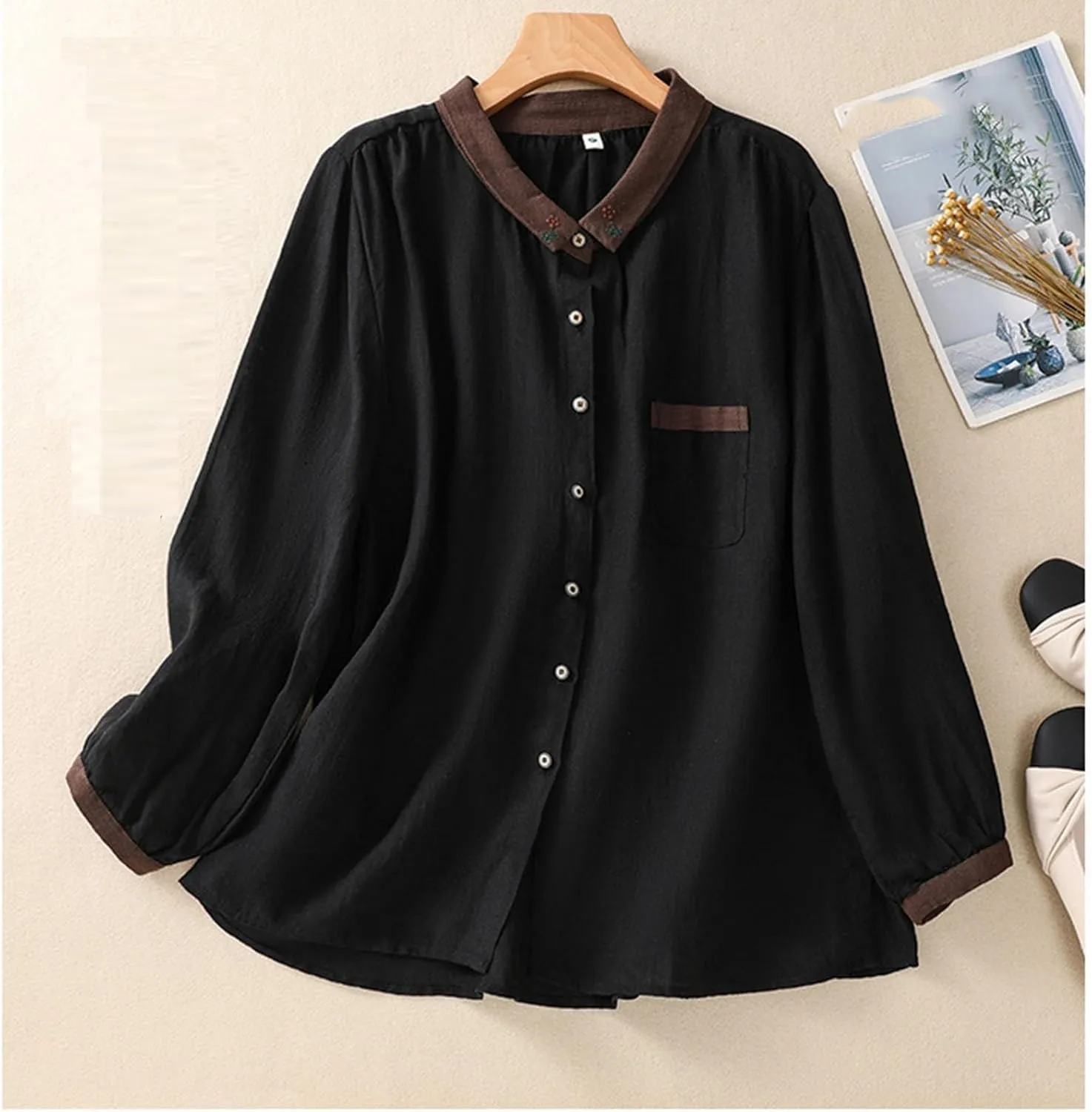 Women's Linen Shirt Button Down Long Sleeve Crew Neck Spring Blouses Long Sleeve Beach Summer Casual Tees with Pocket