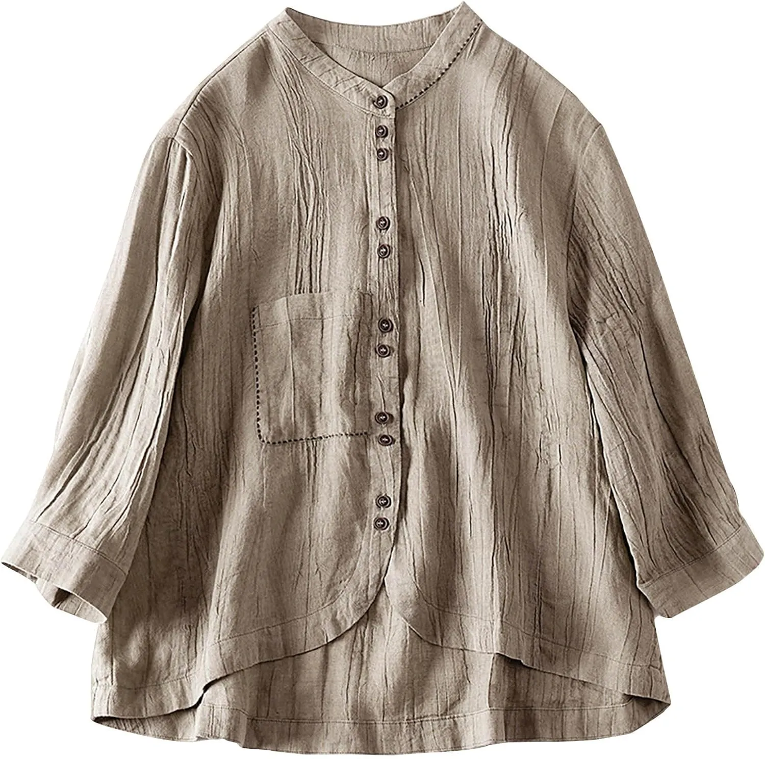 Women's Linen Shirt Button Down Long Sleeve Crew Neck Spring Blouses Long Sleeve Beach Summer Casual Tees with Pocket