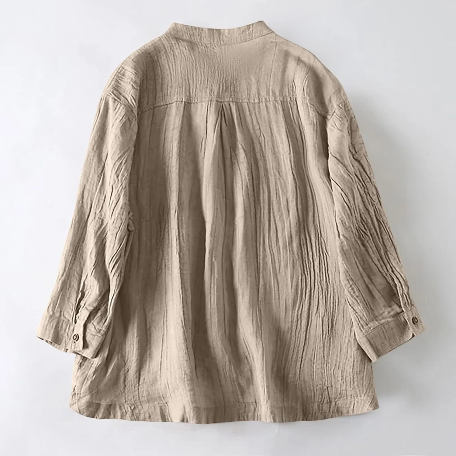 Women's Linen Shirt Button Down Long Sleeve Crew Neck Spring Blouses Long Sleeve Beach Summer Casual Tees with Pocket