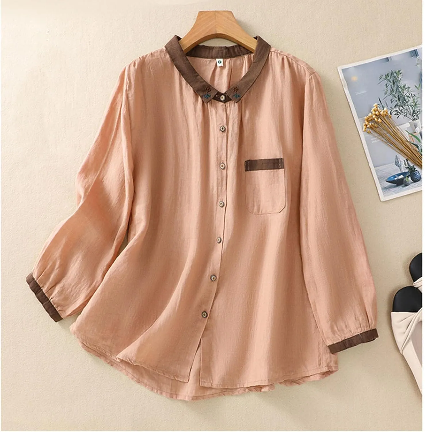 Women's Linen Shirt Button Down Long Sleeve Crew Neck Spring Blouses Long Sleeve Beach Summer Casual Tees with Pocket