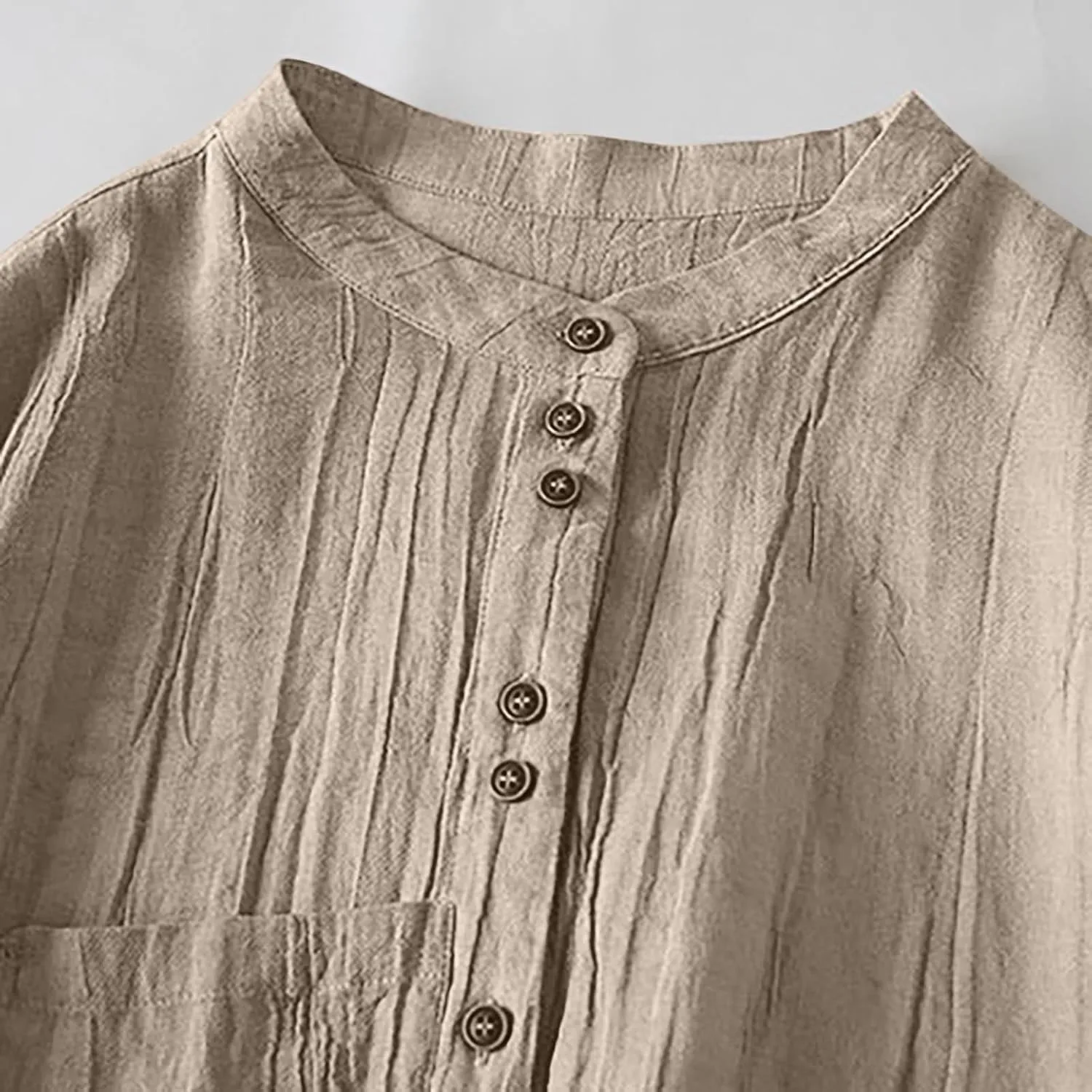 Women's Linen Shirt Button Down Long Sleeve Crew Neck Spring Blouses Long Sleeve Beach Summer Casual Tees with Pocket