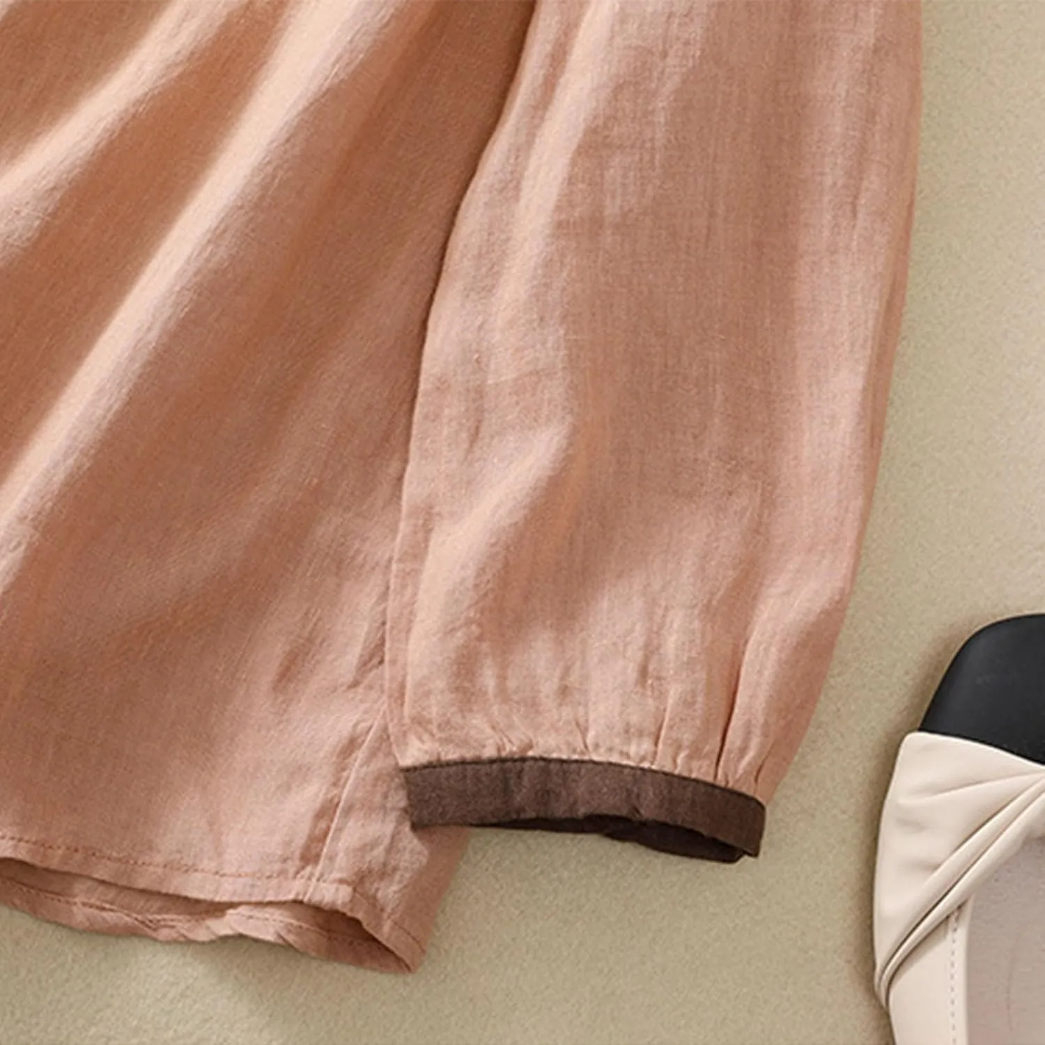 Women's Linen Shirt Button Down Long Sleeve Crew Neck Spring Blouses Long Sleeve Beach Summer Casual Tees with Pocket