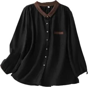Women's Linen Shirt Button Down Long Sleeve Crew Neck Spring Blouses Long Sleeve Beach Summer Casual Tees with Pocket