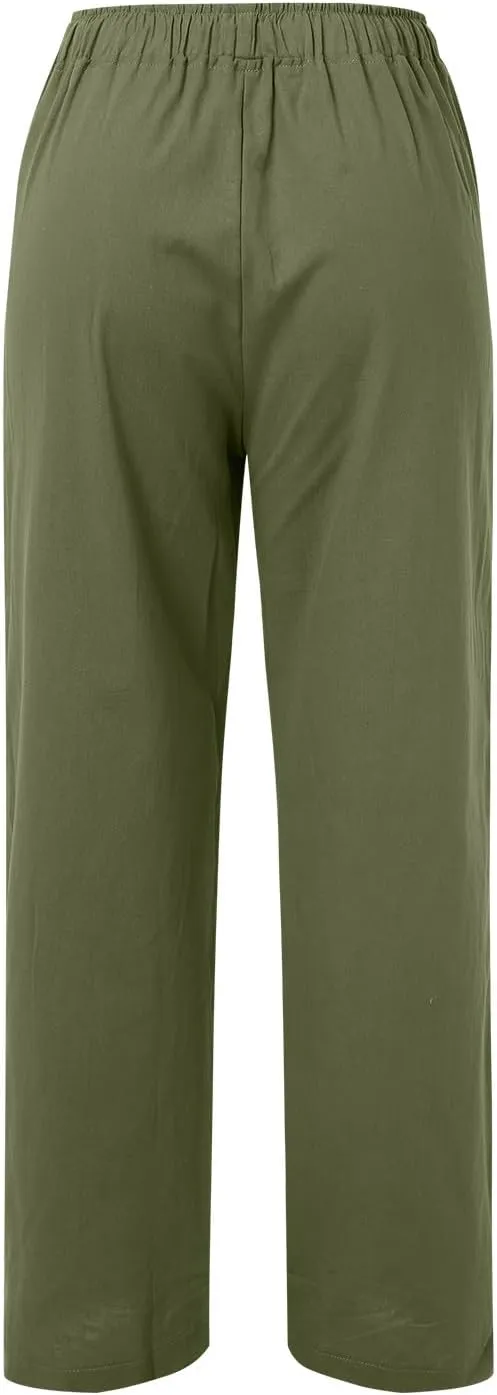 Women's Linen Summer Palazzo Pants Flowy Wide Leg Beach Pants Elastic High Waisted Button Trousers with Pocket
