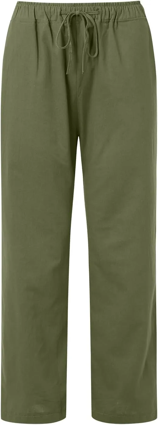 Women's Linen Summer Palazzo Pants Flowy Wide Leg Beach Pants Elastic High Waisted Button Trousers with Pocket