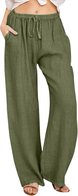 Women's Linen Summer Palazzo Pants Flowy Wide Leg Beach Pants Elastic High Waisted Button Trousers with Pocket