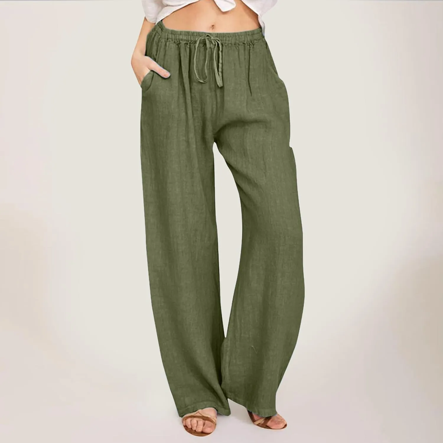 Women's Linen Summer Palazzo Pants Flowy Wide Leg Beach Pants Elastic High Waisted Button Trousers with Pocket