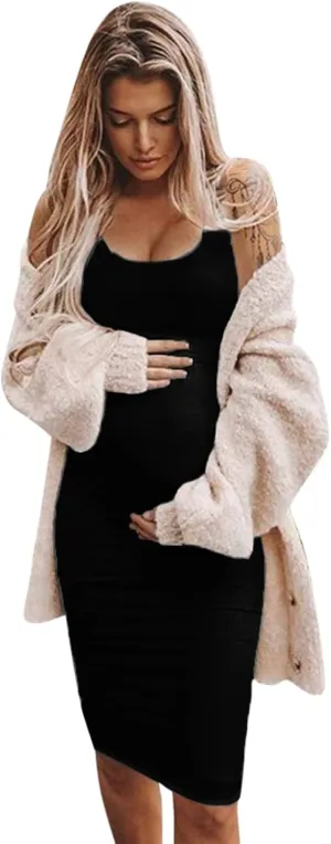 Womens Maternity Casual Sleeveless Solid Color Crew Neck Tanks Dress Pregnancy Sexy Bodycon Dresses