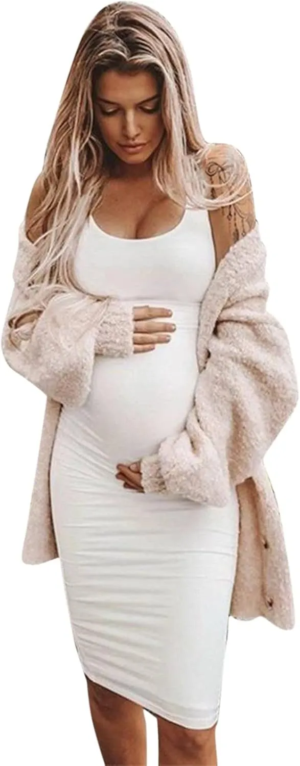 Womens Maternity Casual Sleeveless Solid Color Crew Neck Tanks Dress Pregnancy Sexy Bodycon Dresses