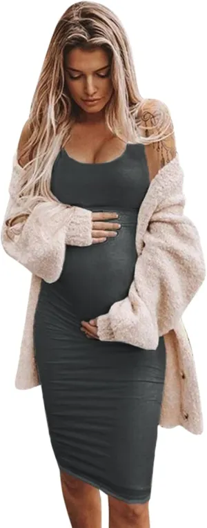 Womens Maternity Casual Sleeveless Solid Color Crew Neck Tanks Dress Pregnancy Sexy Bodycon Dresses