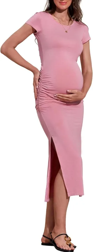 Women's Maternity Dress Short Sleeve Bodycon Dresses Split Maternity Dress for Baby Shower Summer Pregnancy Clothes