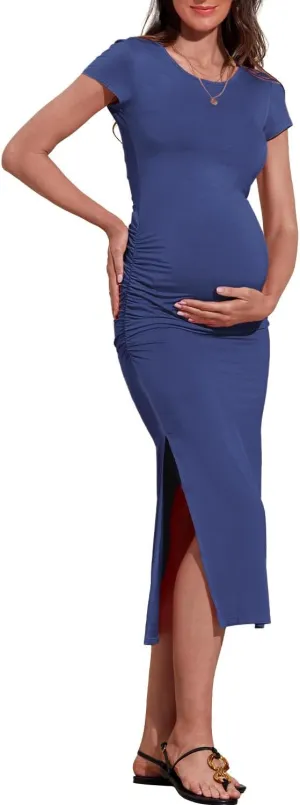 Women's Maternity Dress Short Sleeve Bodycon Dresses Split Maternity Dress for Baby Shower Summer Pregnancy Clothes