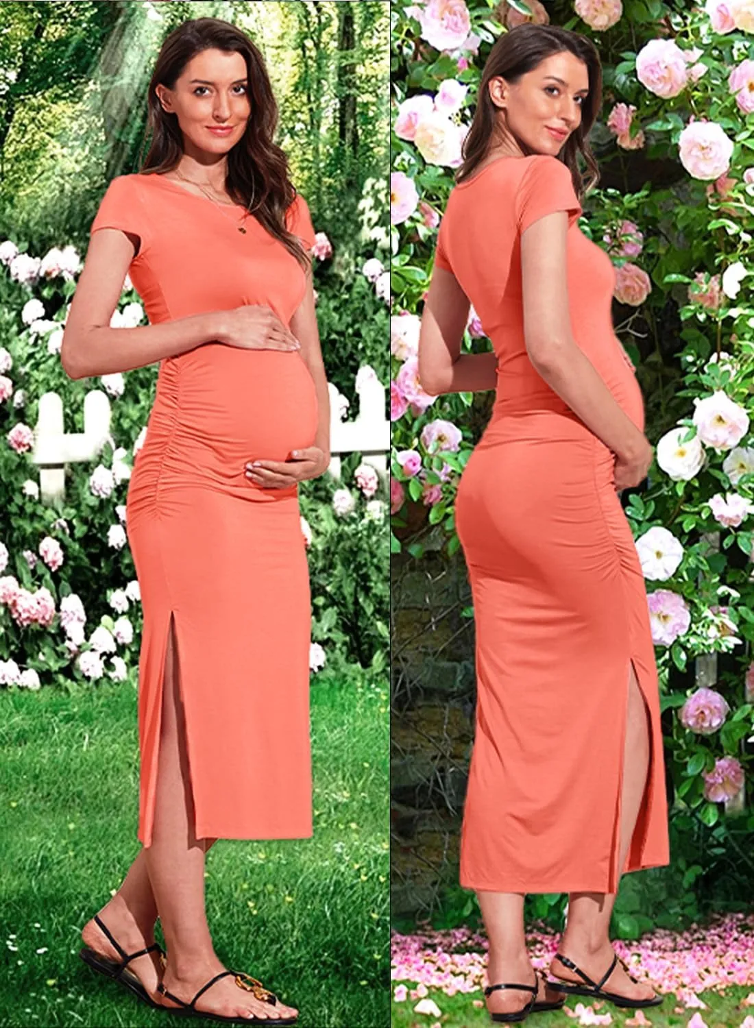 Women's Maternity Dress Short Sleeve Bodycon Dresses Split Maternity Dress for Baby Shower Summer Pregnancy Clothes