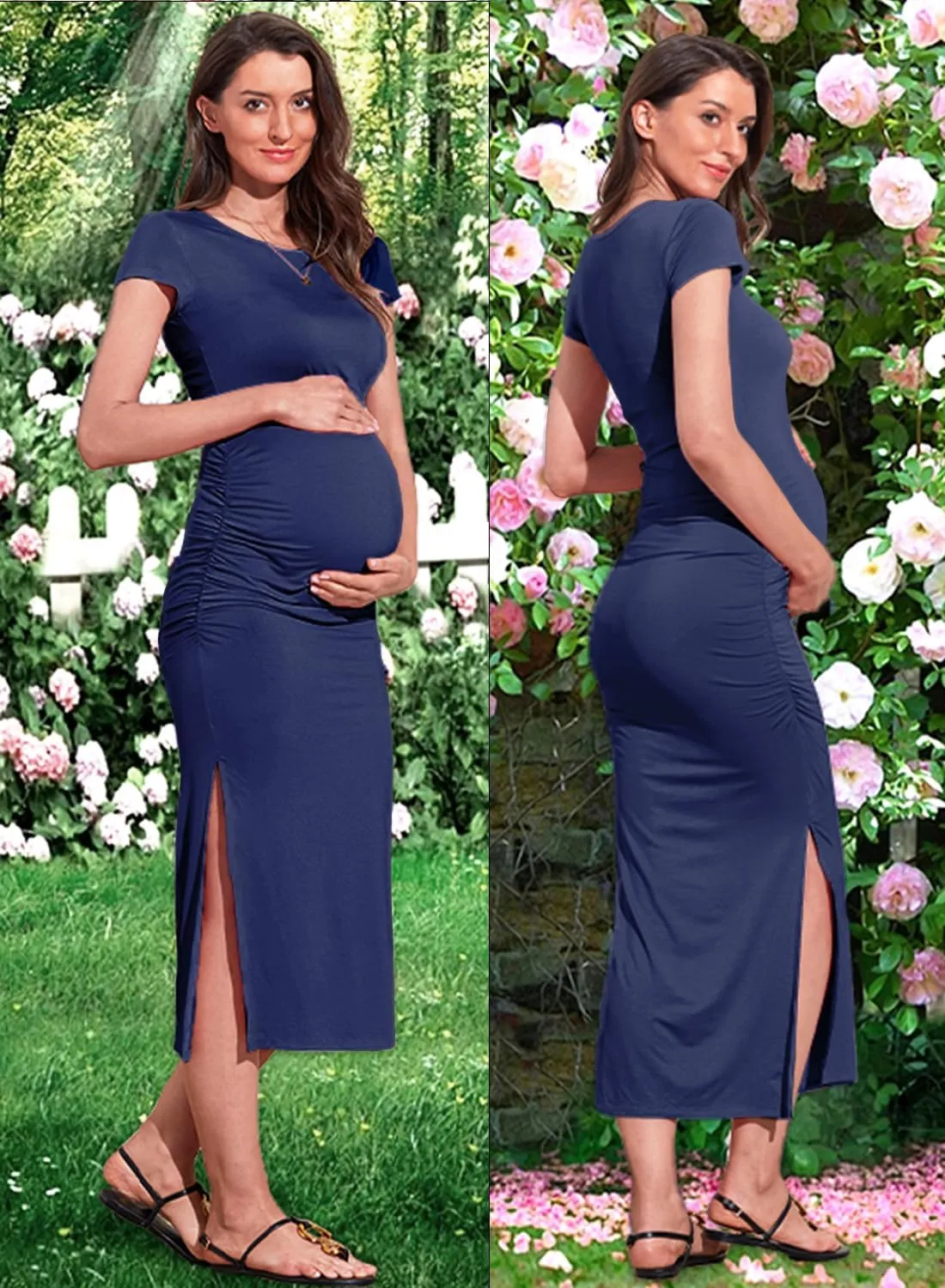 Women's Maternity Dress Short Sleeve Bodycon Dresses Split Maternity Dress for Baby Shower Summer Pregnancy Clothes