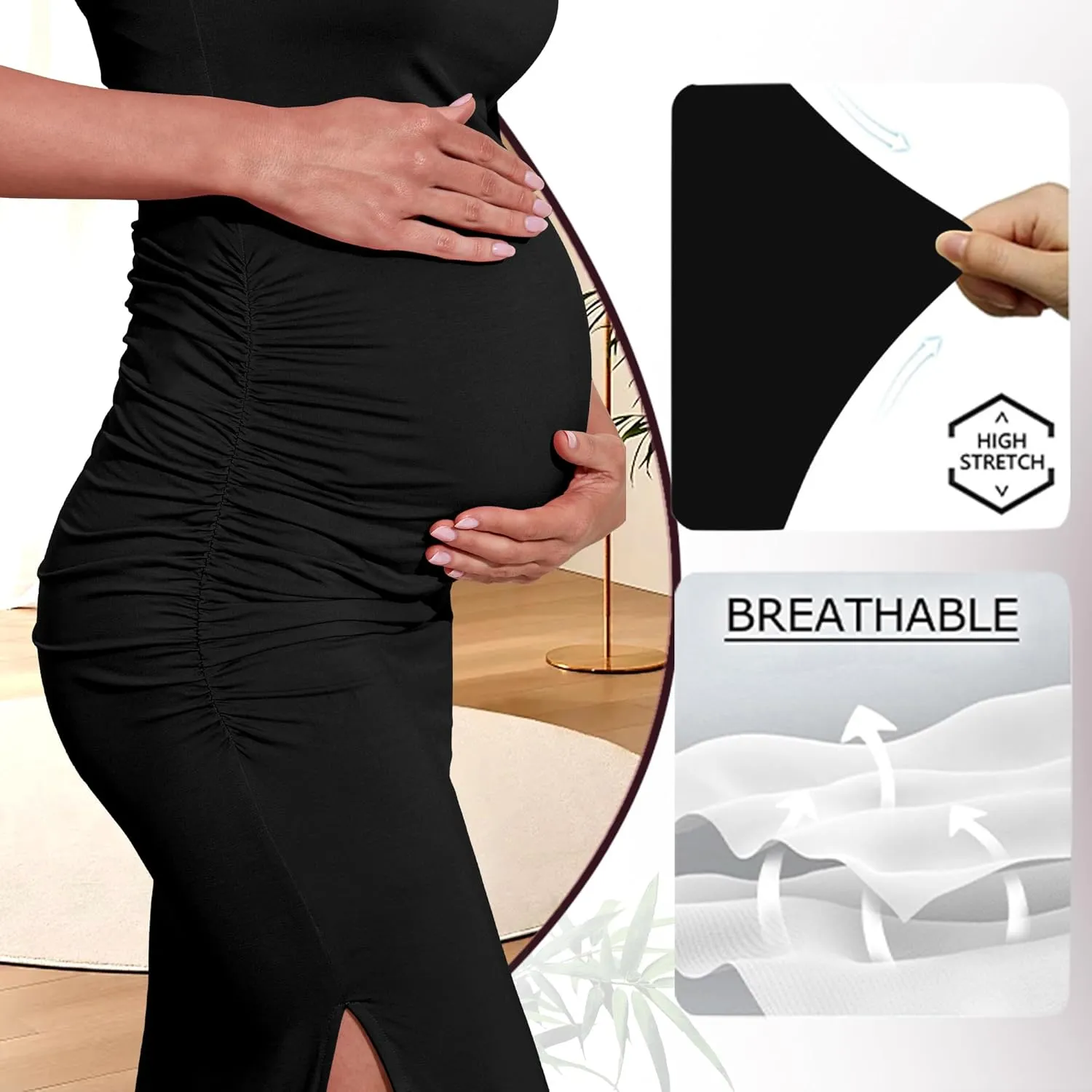 Women's Maternity Dress Short Sleeve Bodycon Dresses Split Maternity Dress for Baby Shower Summer Pregnancy Clothes