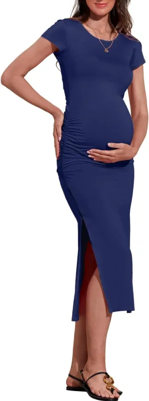 Women's Maternity Dress Short Sleeve Bodycon Dresses Split Maternity Dress for Baby Shower Summer Pregnancy Clothes