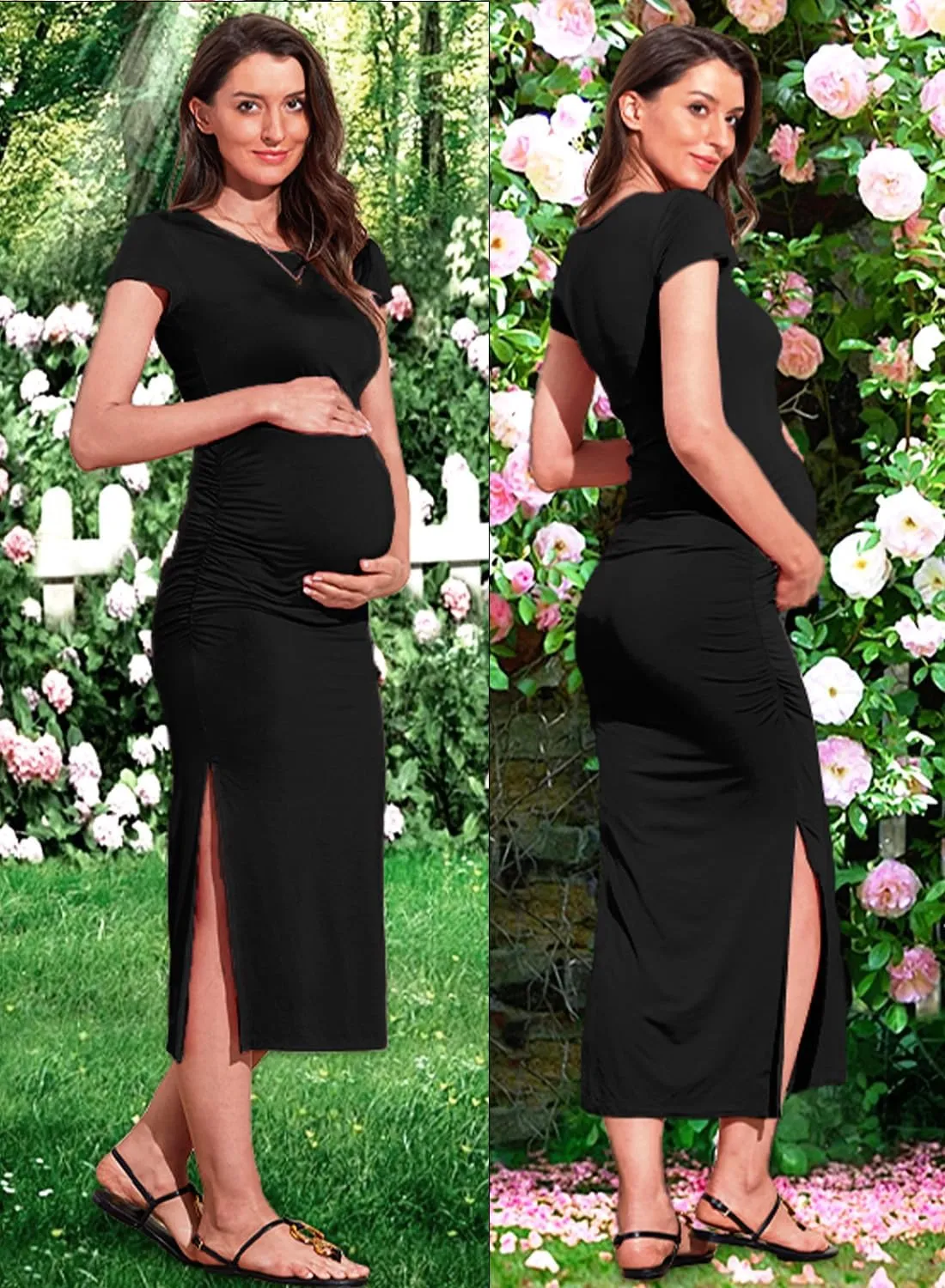Women's Maternity Dress Short Sleeve Bodycon Dresses Split Maternity Dress for Baby Shower Summer Pregnancy Clothes