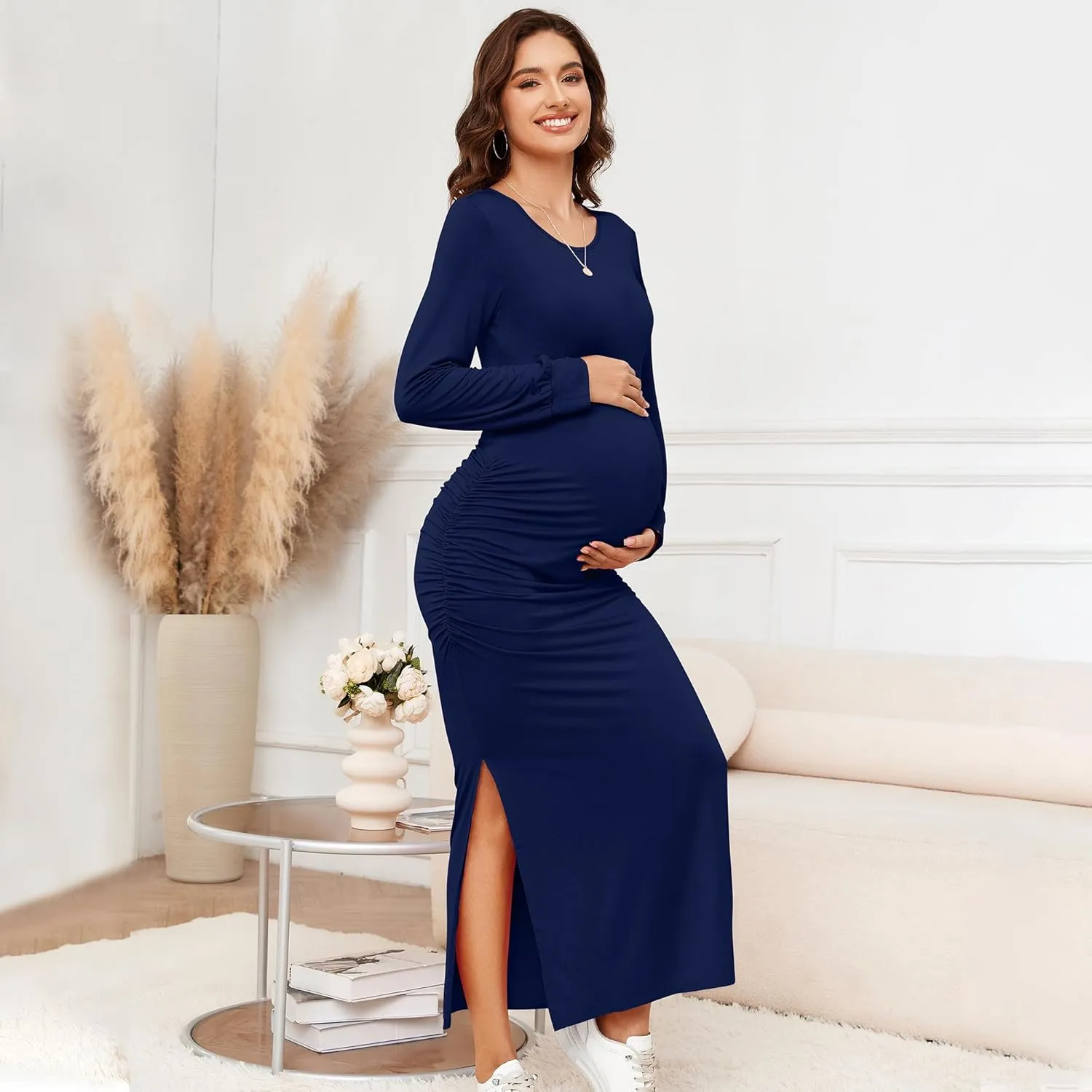Women's Maternity Dress Short Sleeve Bodycon Dresses Split Maternity Dress for Baby Shower Summer Pregnancy Clothes