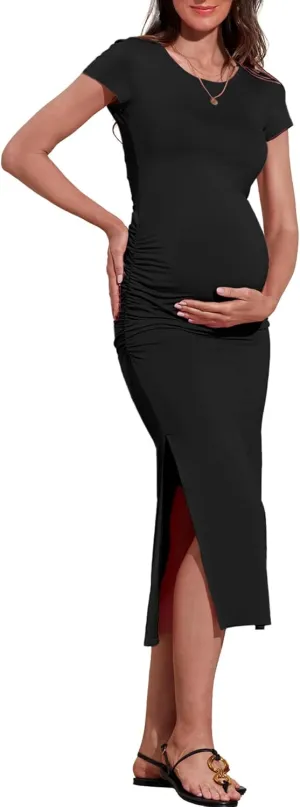 Women's Maternity Dress Short Sleeve Bodycon Dresses Split Maternity Dress for Baby Shower Summer Pregnancy Clothes