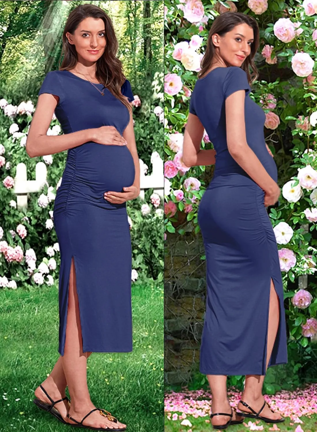 Women's Maternity Dress Short Sleeve Bodycon Dresses Split Maternity Dress for Baby Shower Summer Pregnancy Clothes
