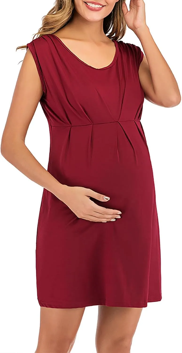 Women's Maternity Solid Sleeveless Round Neck Flare Hem Dress Casual High Waist A Line Dresses Flared Pregnancy Tank Dresses