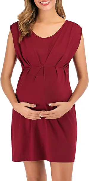 Women's Maternity Solid Sleeveless Round Neck Flare Hem Dress Casual High Waist A Line Dresses Flared Pregnancy Tank Dresses