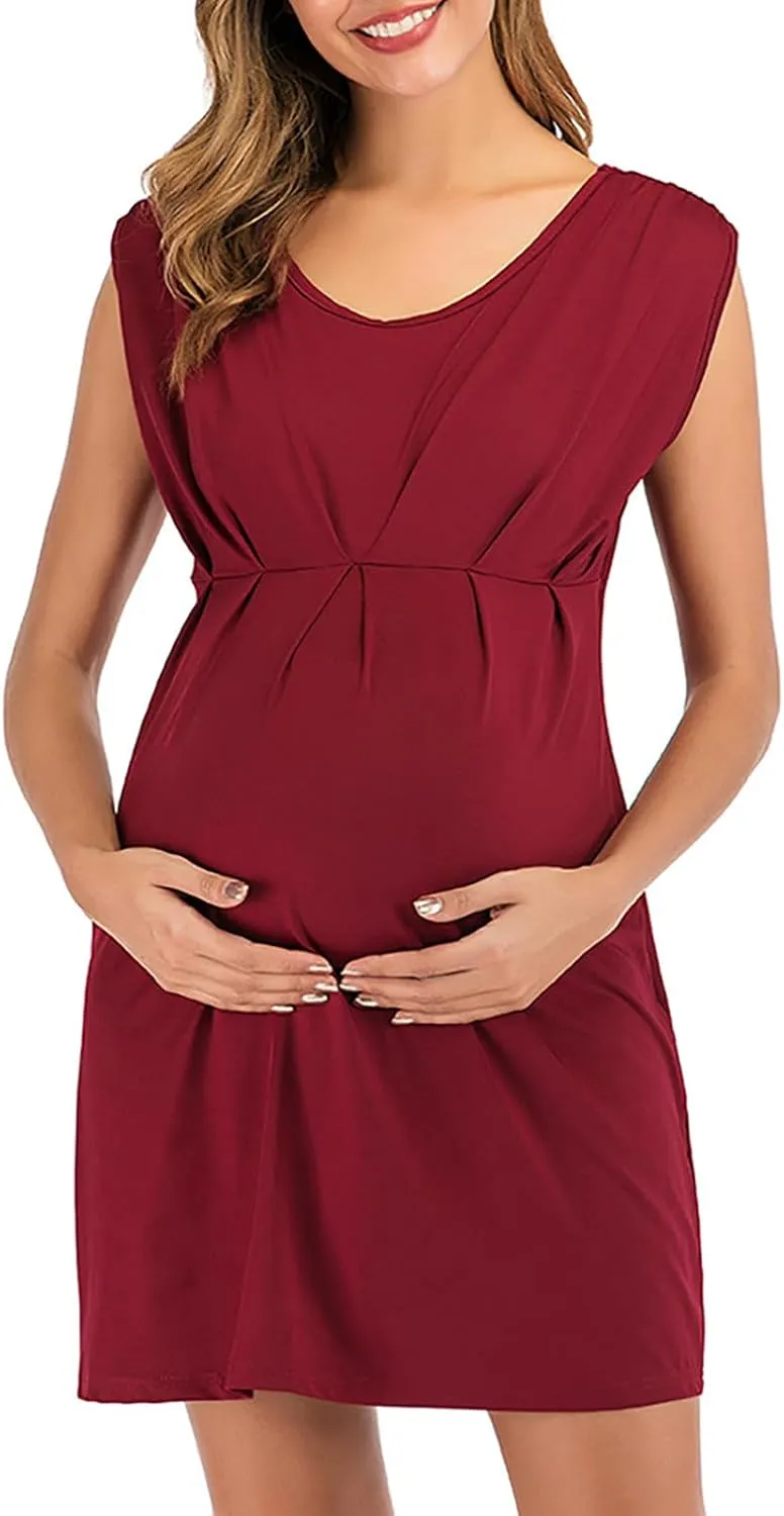 Women's Maternity Solid Sleeveless Round Neck Flare Hem Dress Casual High Waist A Line Dresses Flared Pregnancy Tank Dresses