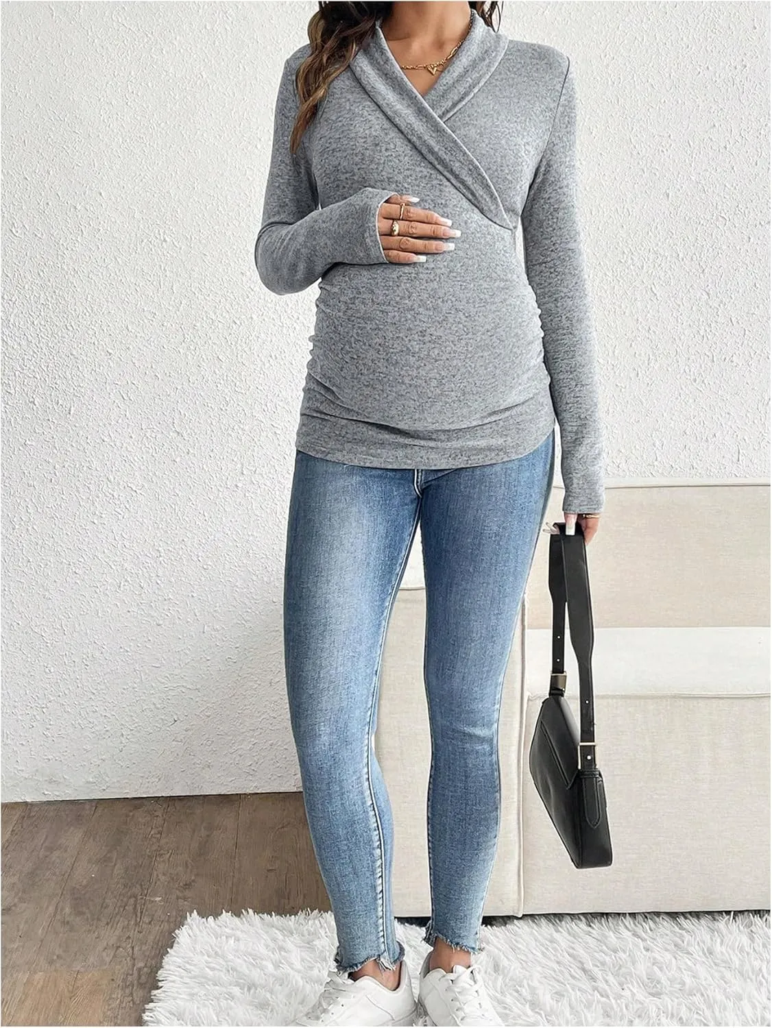 Women's Maternity T Shirt V Neck Stretch Wrap Breastfeeding Tees Long Sleeve Ruched Nursing Tops