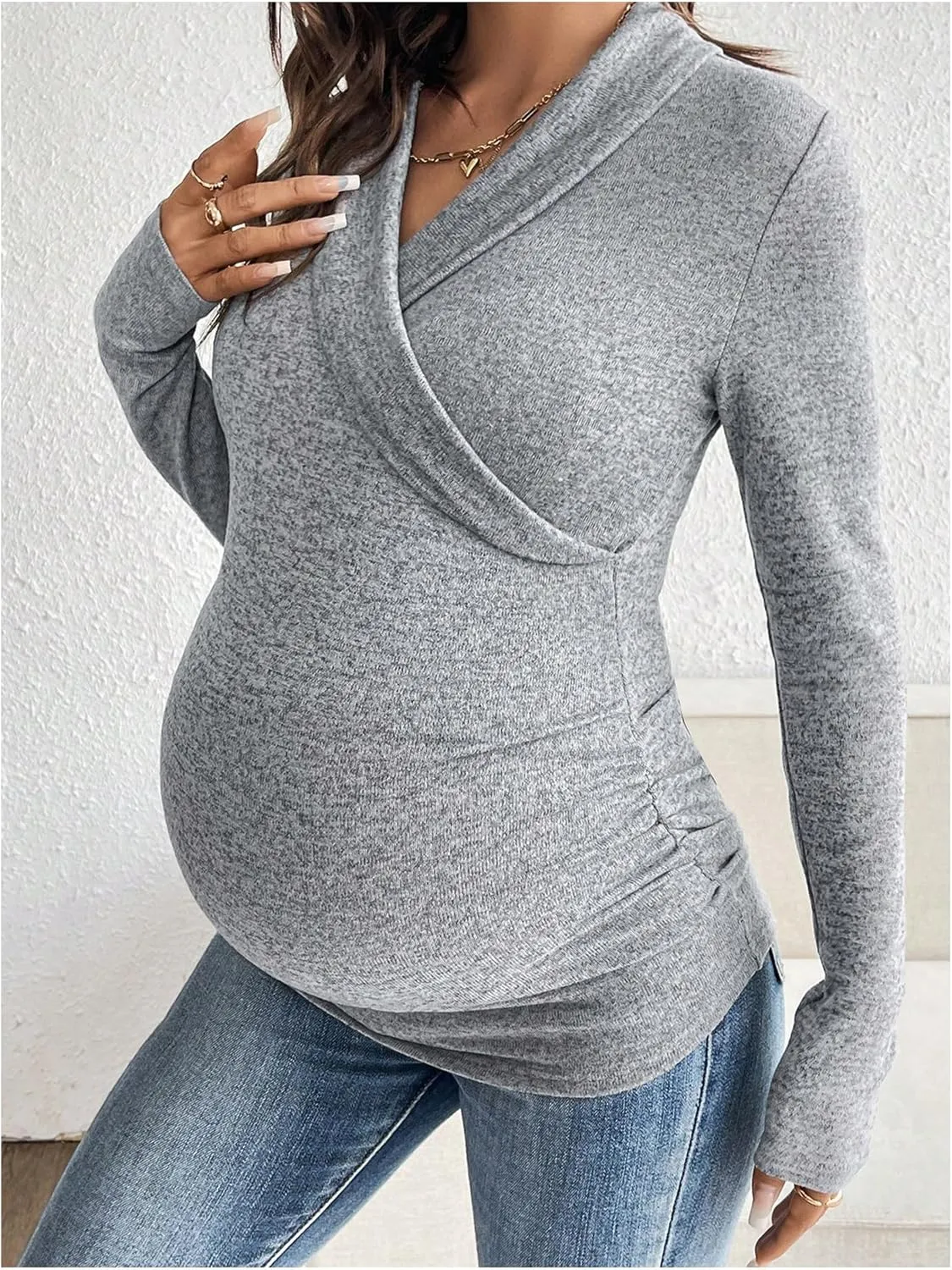 Women's Maternity T Shirt V Neck Stretch Wrap Breastfeeding Tees Long Sleeve Ruched Nursing Tops