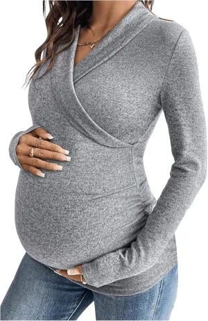 Women's Maternity T Shirt V Neck Stretch Wrap Breastfeeding Tees Long Sleeve Ruched Nursing Tops