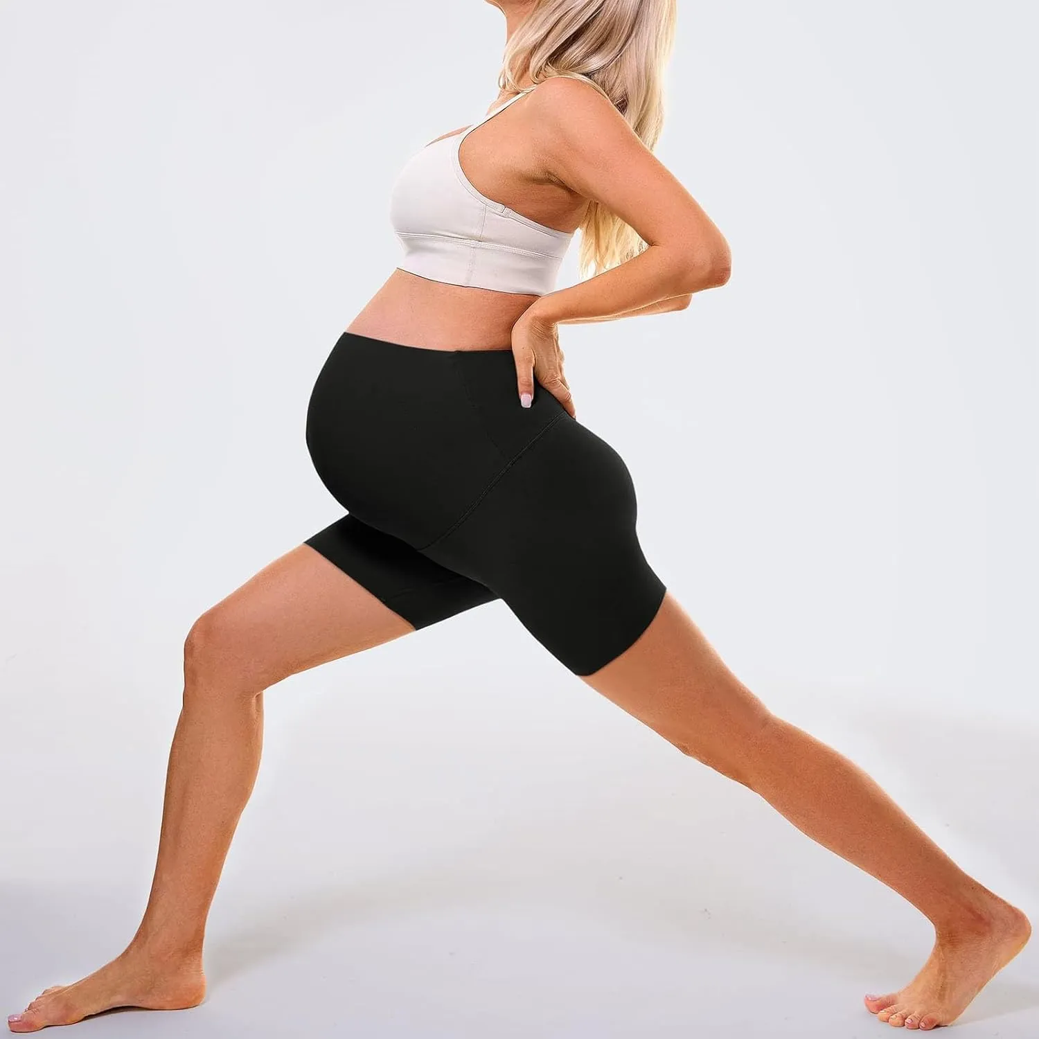 Women's Maternity Yoga Shorts Over The Belly Bump Plus Size Pregnancy Workout Running Athletic Short with Pockets