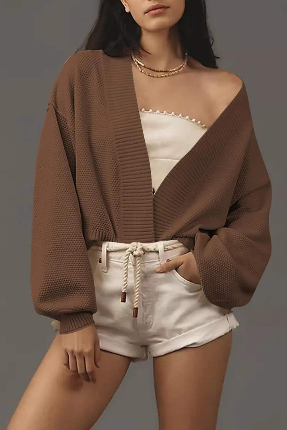 Women's Open Front Cropped Cardigan Lightweight Fall Long Sleeve Waffle Knit Cardigans