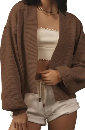 Women's Open Front Cropped Cardigan Lightweight Fall Long Sleeve Waffle Knit Cardigans
