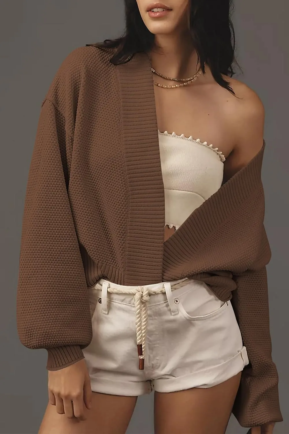 Women's Open Front Cropped Cardigan Lightweight Fall Long Sleeve Waffle Knit Cardigans