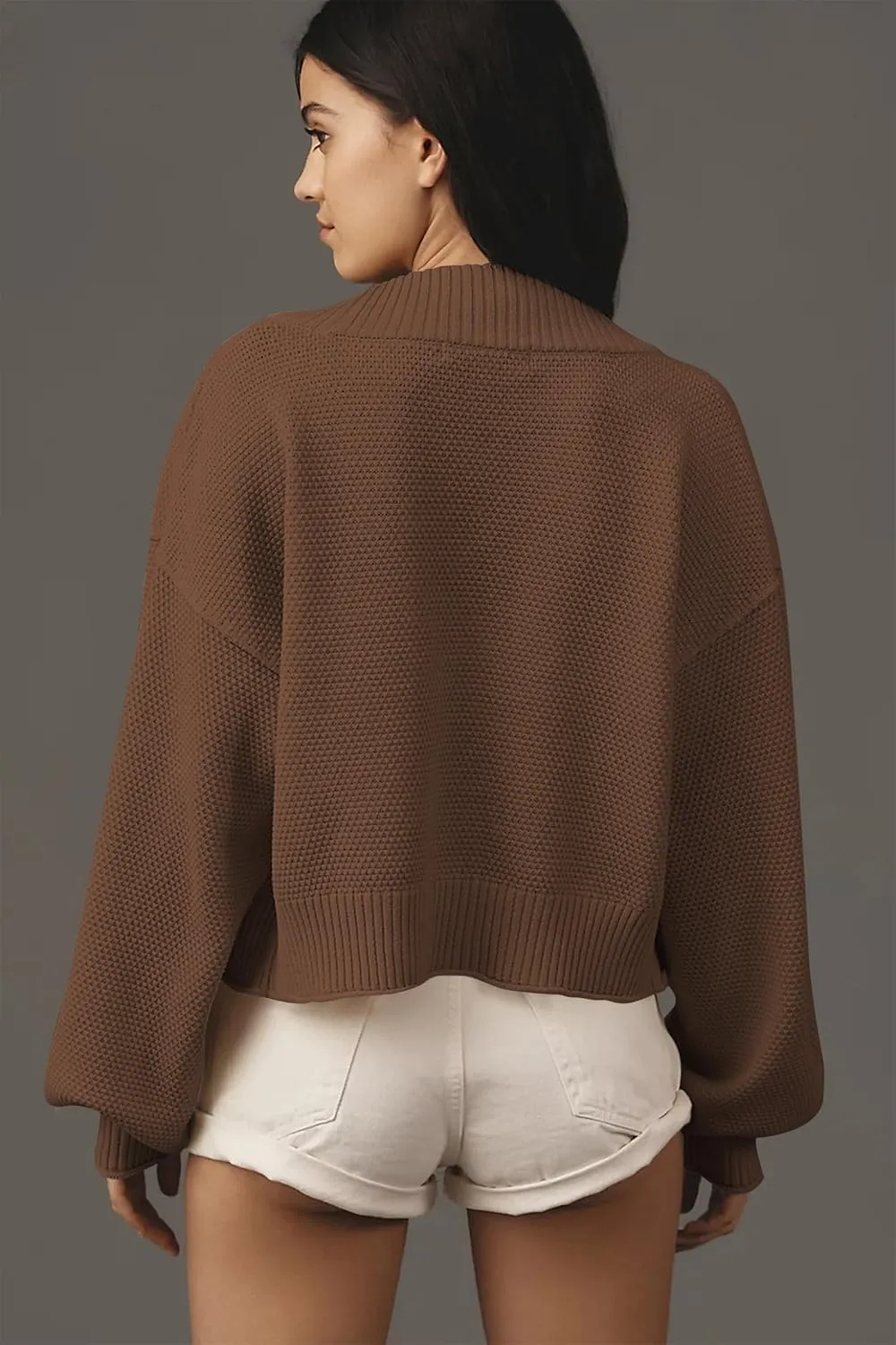 Women's Open Front Cropped Cardigan Lightweight Fall Long Sleeve Waffle Knit Cardigans