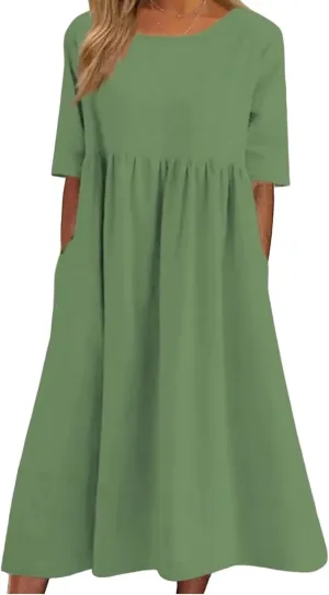 Womens Oversized Baggy Flowy Cotton Linen Maxi Dresses Summer Beach Short Sleeve Round Neck Pleated Dress Sundress