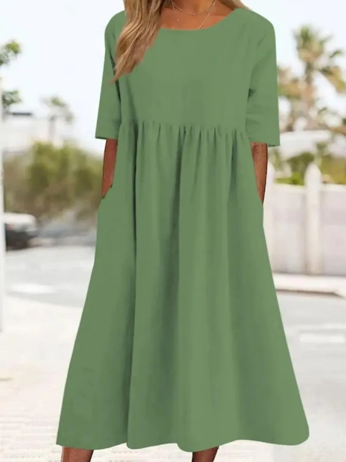 Womens Oversized Baggy Flowy Cotton Linen Maxi Dresses Summer Beach Short Sleeve Round Neck Pleated Dress Sundress